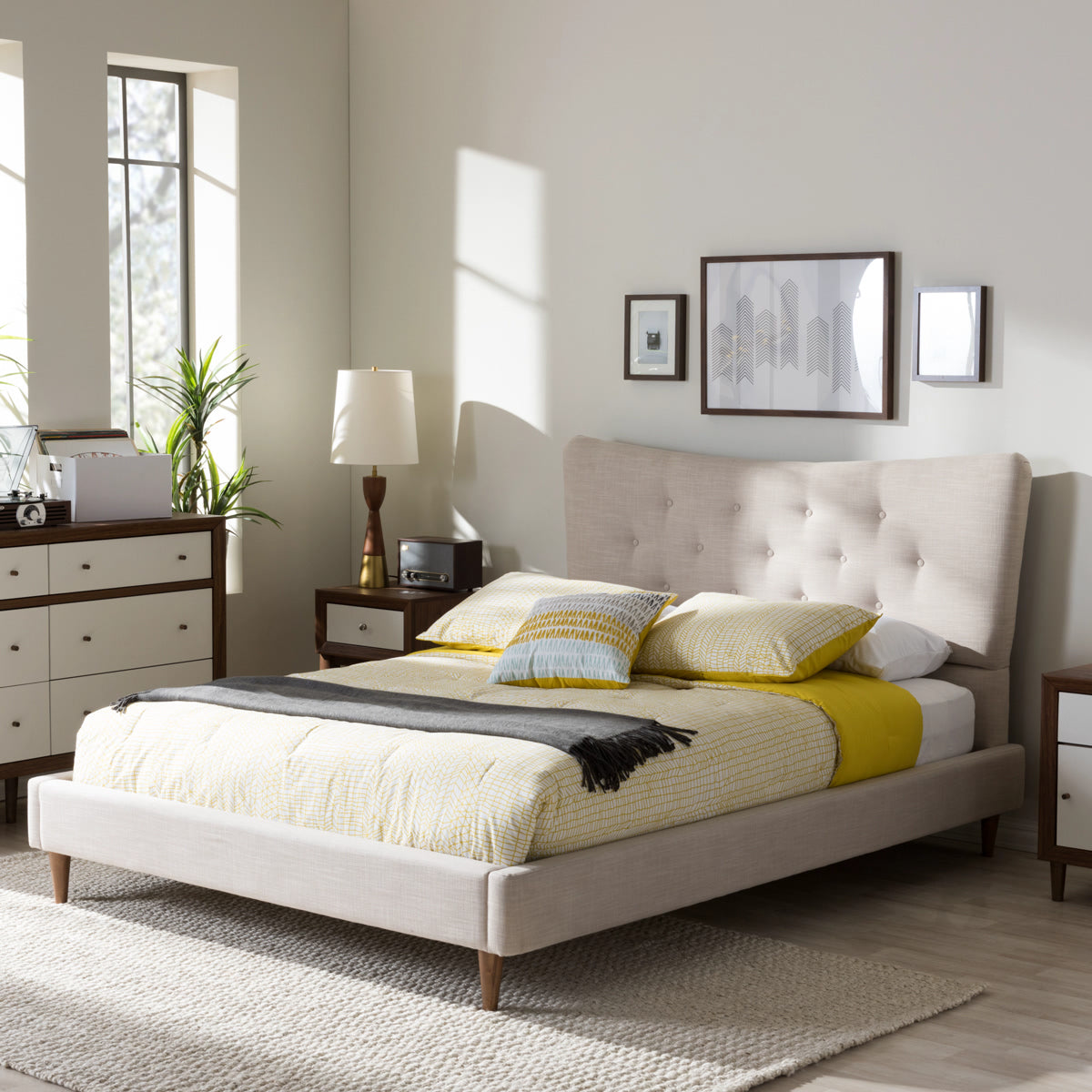 Baxton Studio Hannah Mid-Century Modern Beige Linen Queen Size Platform Bed Baxton Studio-Queen Bed-Minimal And Modern - 1