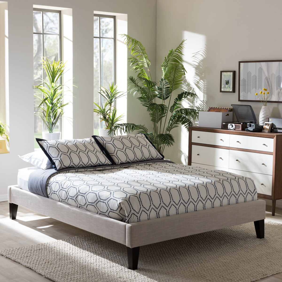 Baxton Studio Lancashire Modern and Contemporary Beige Linen Fabric Upholstered Full Size Bed Frame with Tapered Legs  Baxton Studio-Full Bed-Minimal And Modern - 1