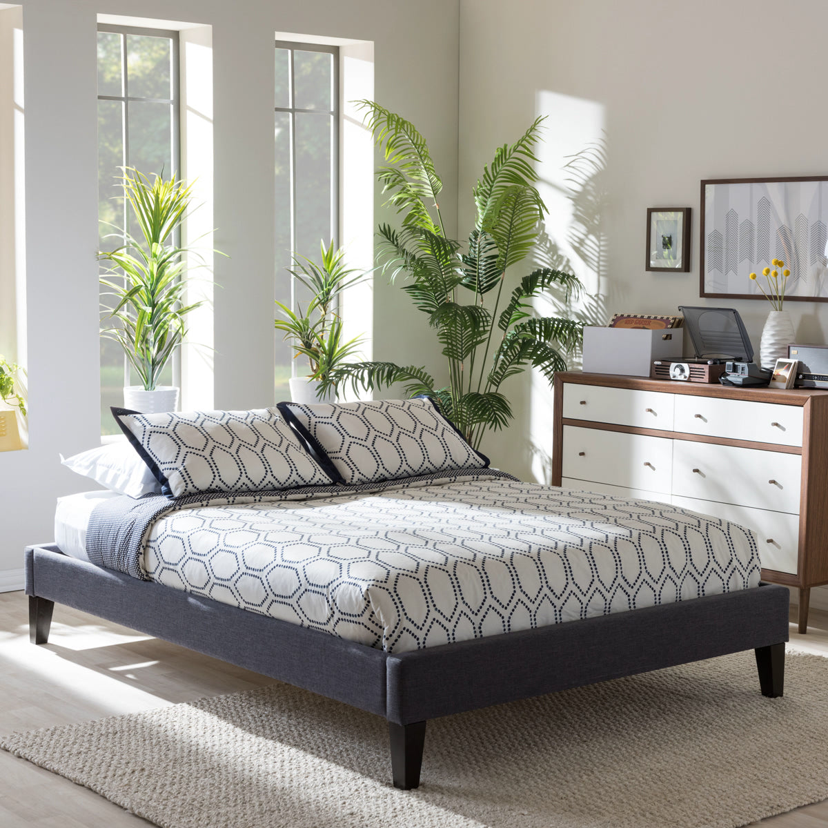 Baxton Studio Lancashire Modern and Contemporary Grey Fabric Upholstered Queen Size Bed Frame with Tapered Legs  Baxton Studio-Queen Bed-Minimal And Modern - 1