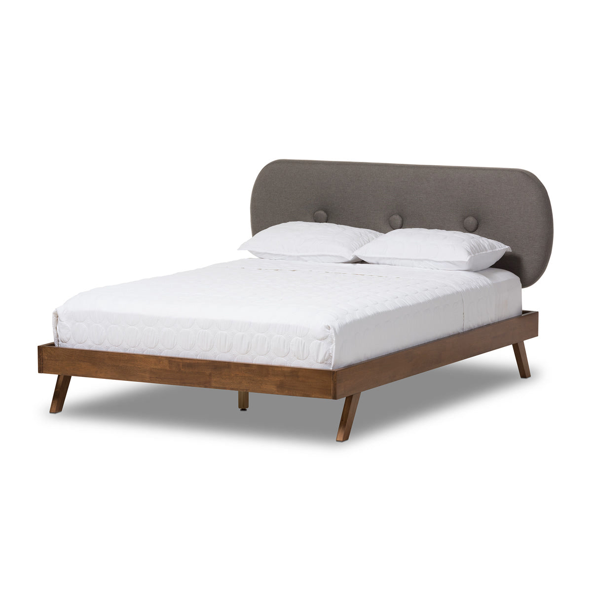 Baxton Studio Penelope Mid-Century Modern Solid Walnut Wood Grey Fabric Upholstered Queen Size Platform Bed Baxton Studio-Queen Bed-Minimal And Modern - 2