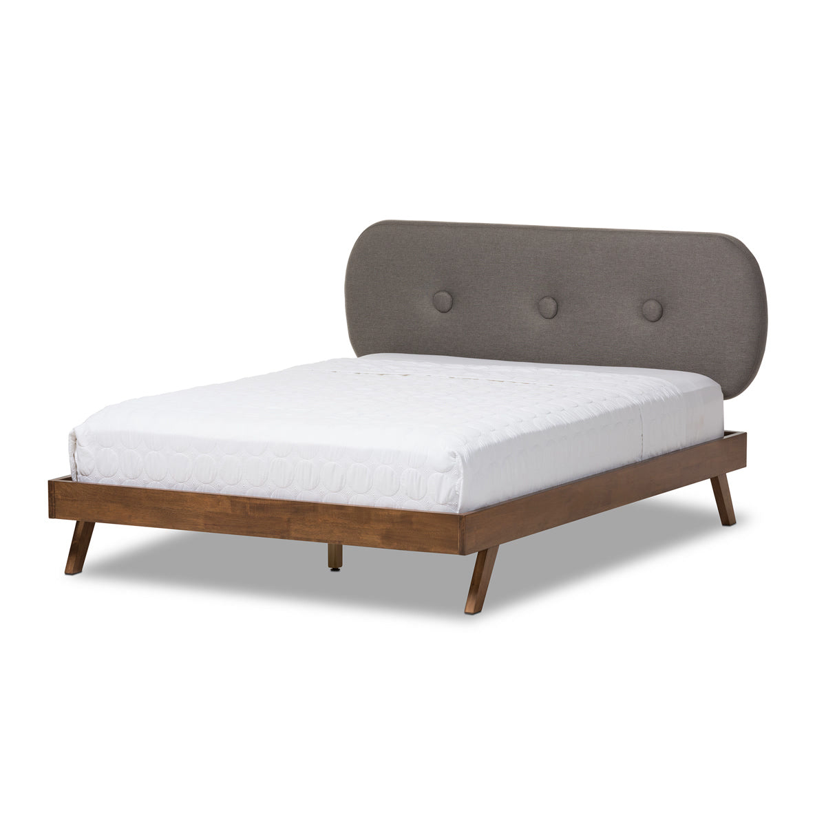 Baxton Studio Penelope Mid-Century Modern Solid Walnut Wood Grey Fabric Upholstered Full Size Platform Bed Baxton Studio-Full Bed-Minimal And Modern - 3
