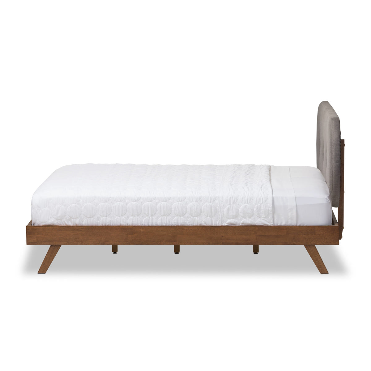 Baxton Studio Penelope Mid-Century Modern Solid Walnut Wood Grey Fabric Upholstered Queen Size Platform Bed Baxton Studio-Queen Bed-Minimal And Modern - 5