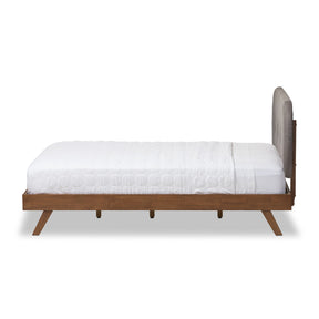 Baxton Studio Penelope Mid-Century Modern Solid Walnut Wood Grey Fabric Upholstered Queen Size Platform Bed Baxton Studio-Queen Bed-Minimal And Modern - 5