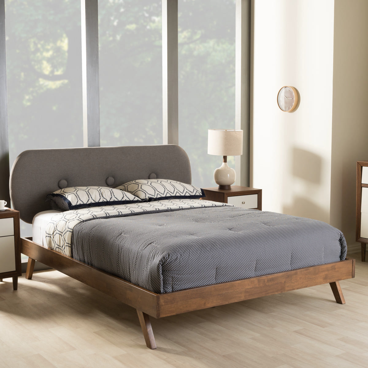 Baxton Studio Penelope Mid-Century Modern Solid Walnut Wood Grey Fabric Upholstered Full Size Platform Bed Baxton Studio-Full Bed-Minimal And Modern - 1
