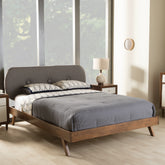 Baxton Studio Penelope Mid-Century Modern Solid Walnut Wood Grey Fabric Upholstered King Size Platform Bed Baxton Studio-King Bed-Minimal And Modern - 1