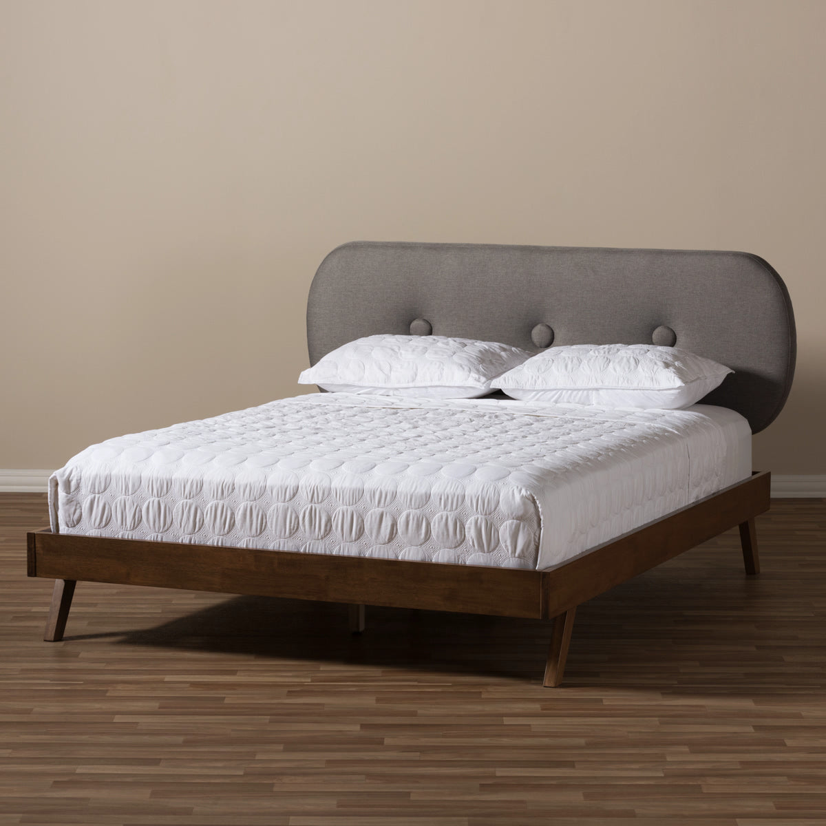 Baxton Studio Penelope Mid-Century Modern Solid Walnut Wood Grey Fabric Upholstered King Size Platform Bed Baxton Studio-King Bed-Minimal And Modern - 7