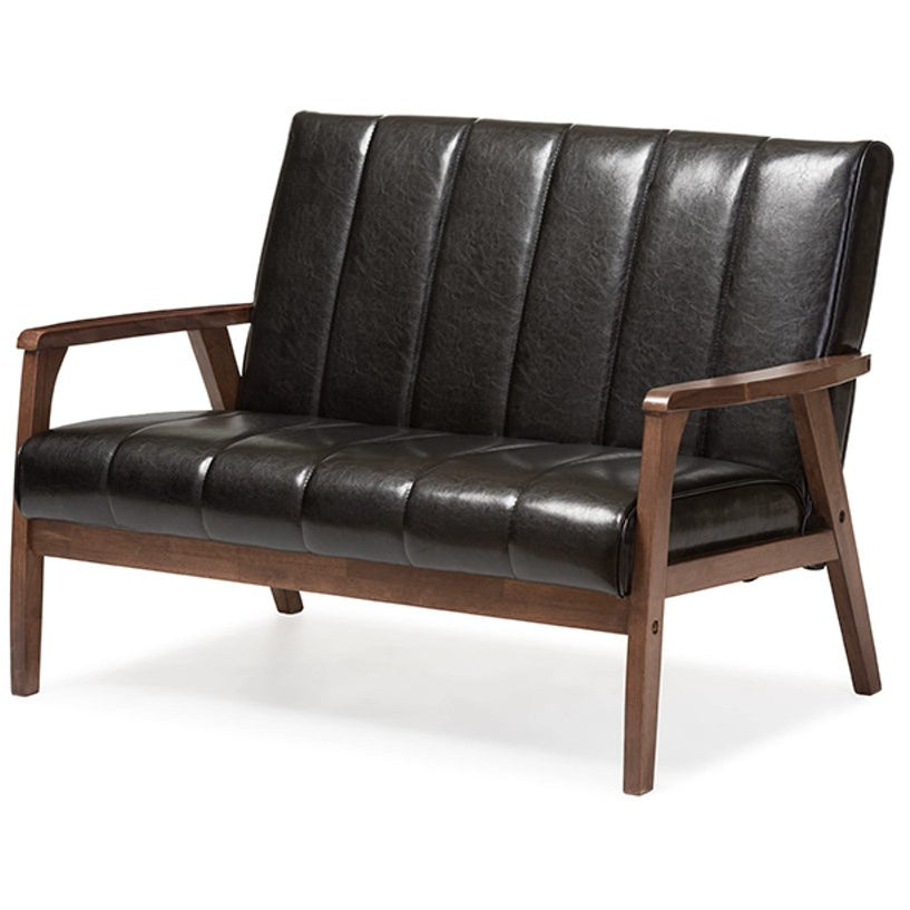 Baxton Studio Nikko Mid-century Modern Scandinavian Style Black Faux Leather Wooden 2-Seater Loveseat Baxton Studio-sofas-Minimal And Modern - 2