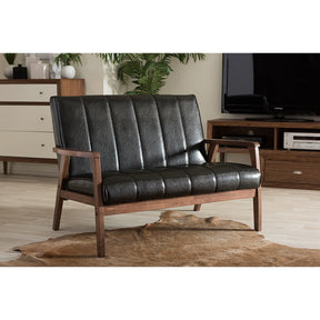 Baxton Studio Nikko Mid-century Modern Scandinavian Style Black Faux Leather Wooden 2-Seater Loveseat Baxton Studio-sofas-Minimal And Modern - 5