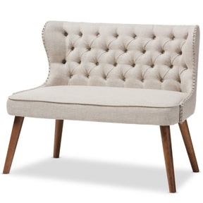 Baxton Studio Scarlett Mid-Century Modern Brown Wood and Light Beige Fabric Upholstered Button-Tufting with Nail Heads Trim 2-Seater Loveseat Settee Baxton Studio-sofas-Minimal And Modern - 2