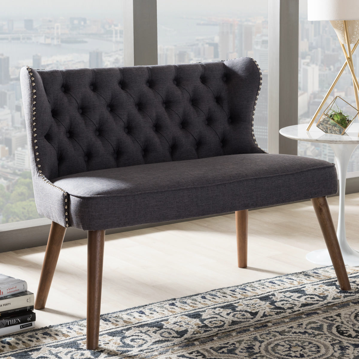 Baxton Studio Scarlett Mid-Century Modern Brown Wood and Dark Grey Fabric Upholstered Button-Tufting with Nail Heads Trim 2-Seater Loveseat Settee Baxton Studio-sofas-Minimal And Modern - 1