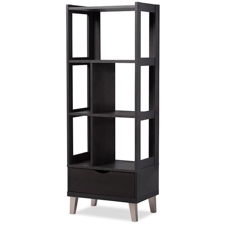 Baxton Studio Kalien Modern and Contemporary Dark Brown Wood Leaning Bookcase with Display Shelves and One Drawer Baxton Studio--Minimal And Modern - 2