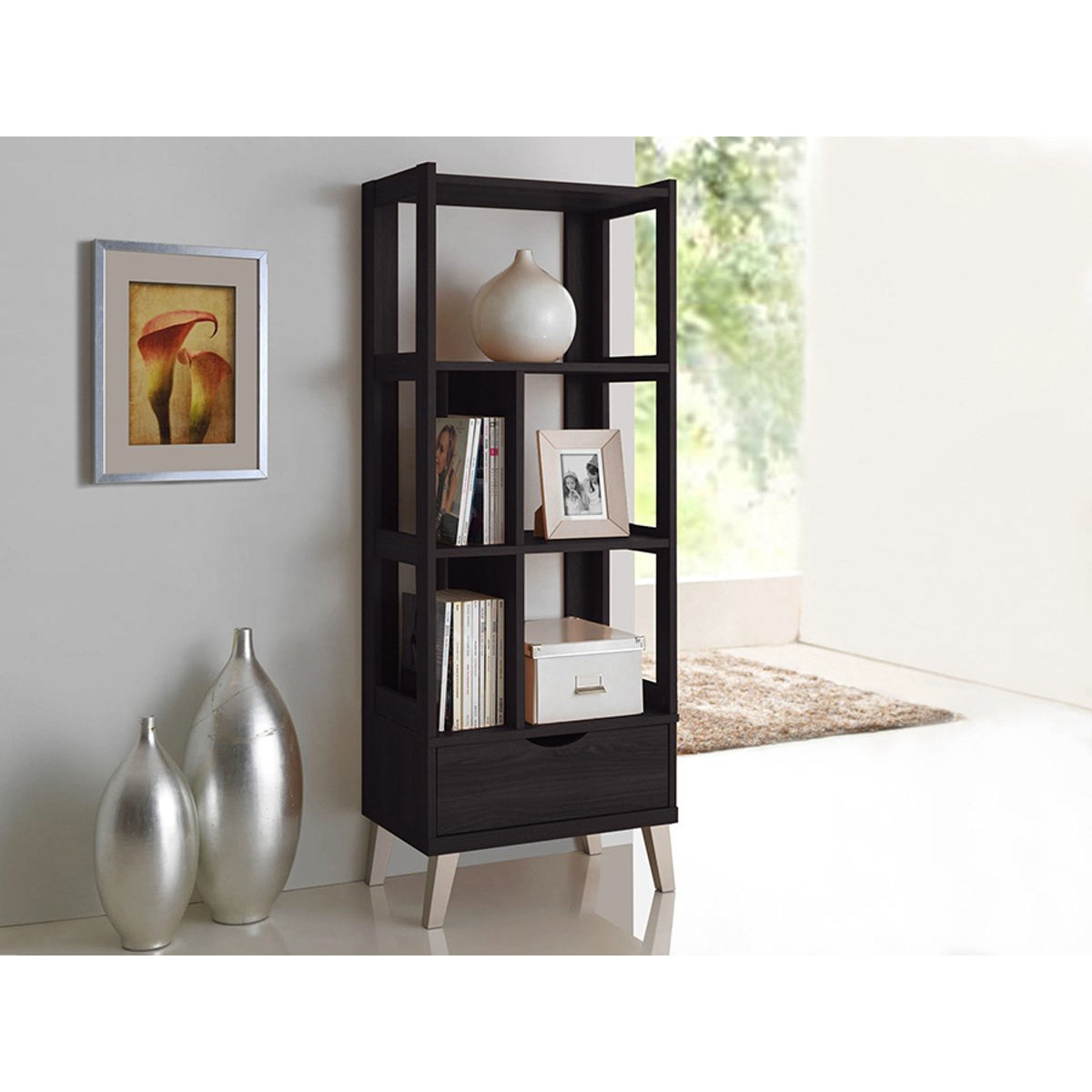 Baxton Studio Kalien Modern and Contemporary Dark Brown Wood Leaning Bookcase with Display Shelves and One Drawer Baxton Studio--Minimal And Modern - 4