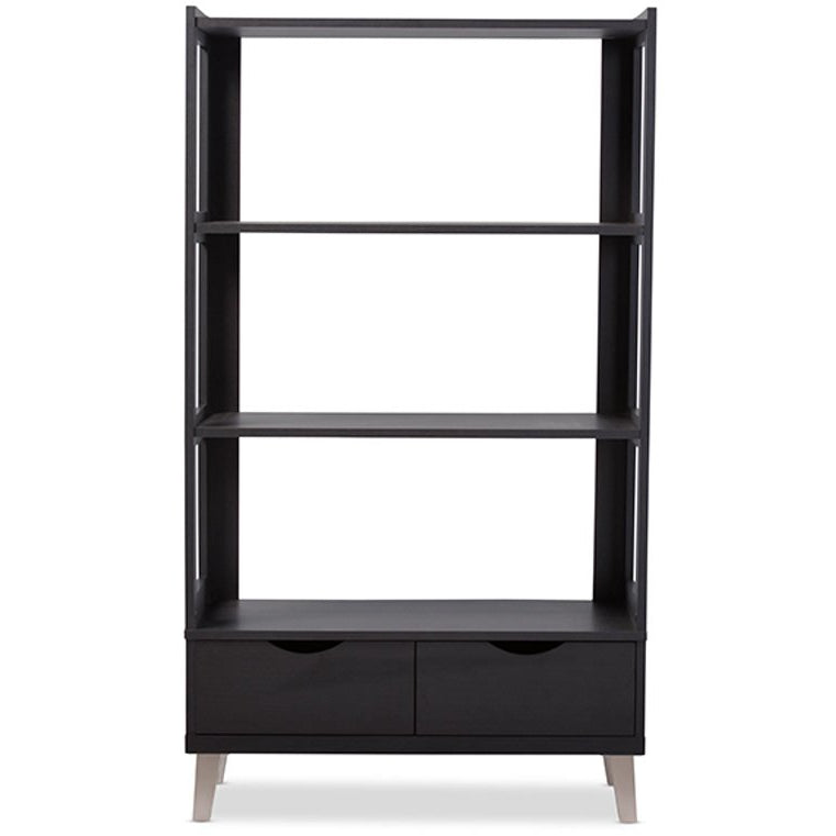 Baxton Studio Kalien Modern and Contemporary Dark Brown Wood Leaning Bookcase with Display Shelves and Two Drawers Baxton Studio--Minimal And Modern - 1