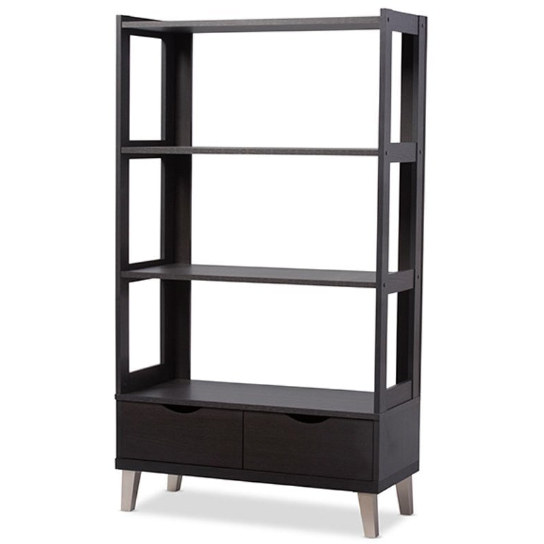 Baxton Studio Kalien Modern and Contemporary Dark Brown Wood Leaning Bookcase with Display Shelves and Two Drawers Baxton Studio--Minimal And Modern - 2