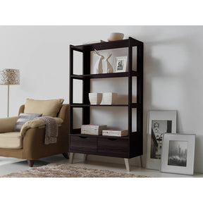 Baxton Studio Kalien Modern and Contemporary Dark Brown Wood Leaning Bookcase with Display Shelves and Two Drawers Baxton Studio--Minimal And Modern - 5