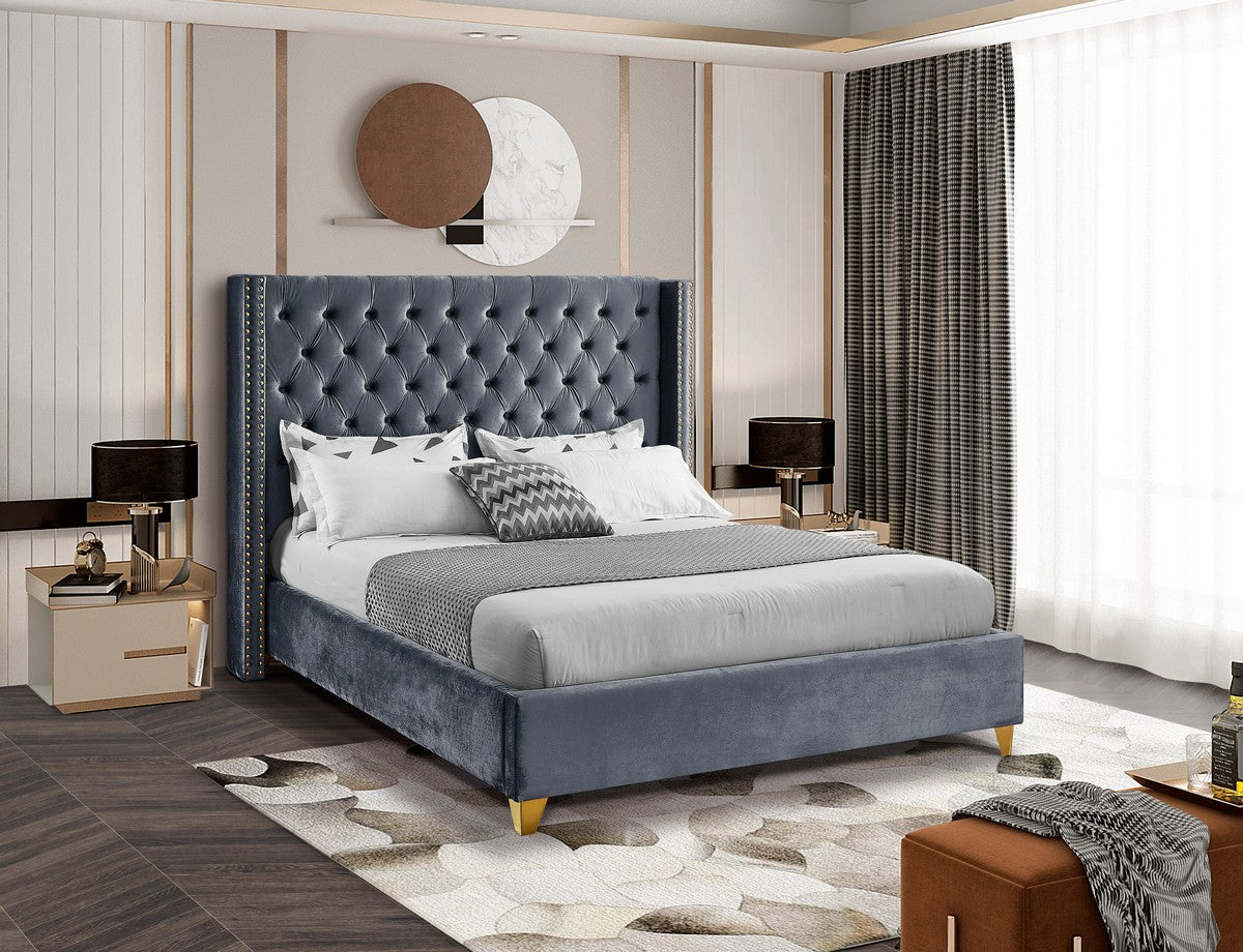 Meridian Furniture Barolo Grey Velvet Queen Bed