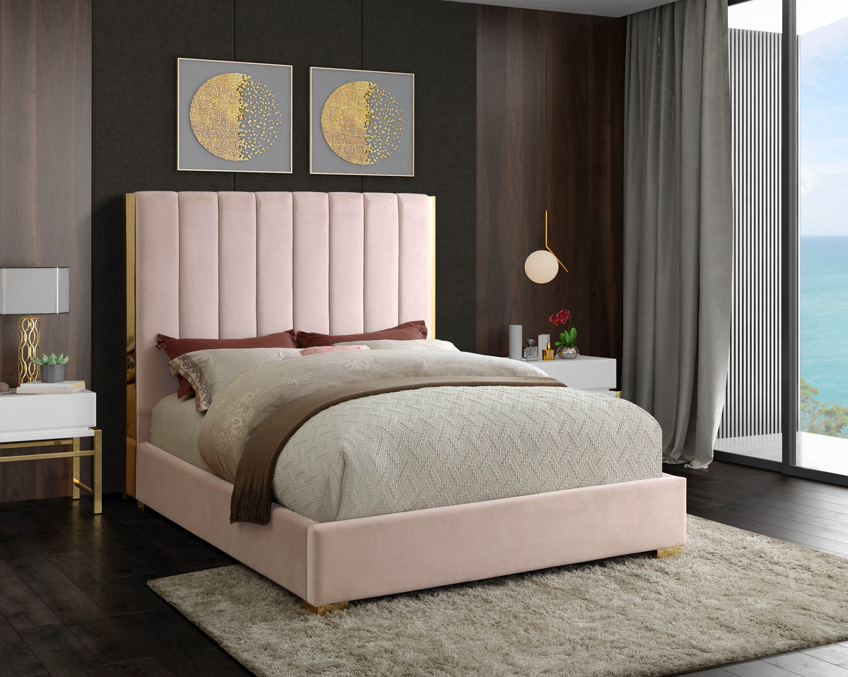Meridian Furniture Becca Pink Velvet King Bed