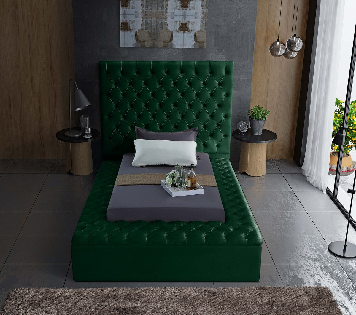 Meridian Furniture Bliss Green Velvet Twin Bed (3 Boxes)