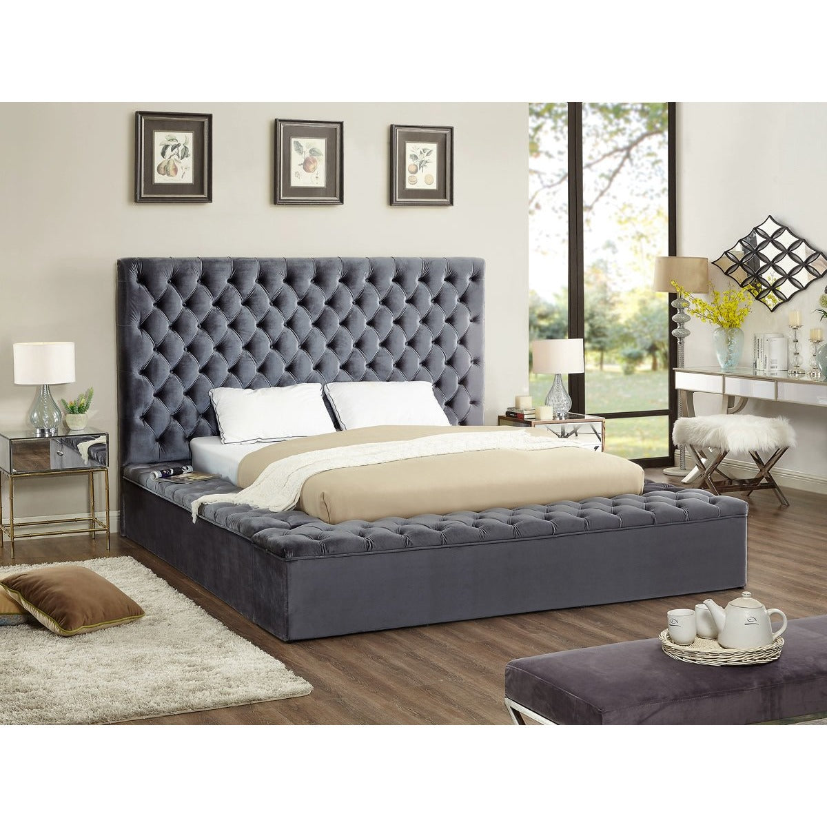 Meridian Furniture Bliss Grey Velvet King Bed (3 Boxes)-Minimal & Modern