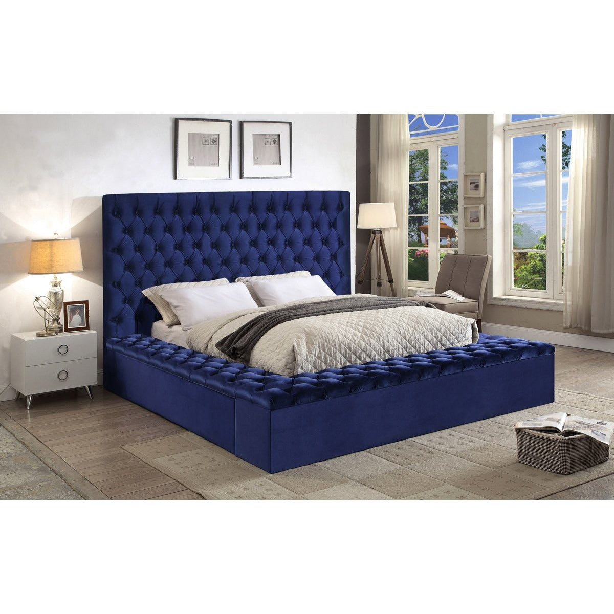 Meridian Furniture Bliss Navy Velvet Queen Bed (3 Boxes)-Minimal & Modern