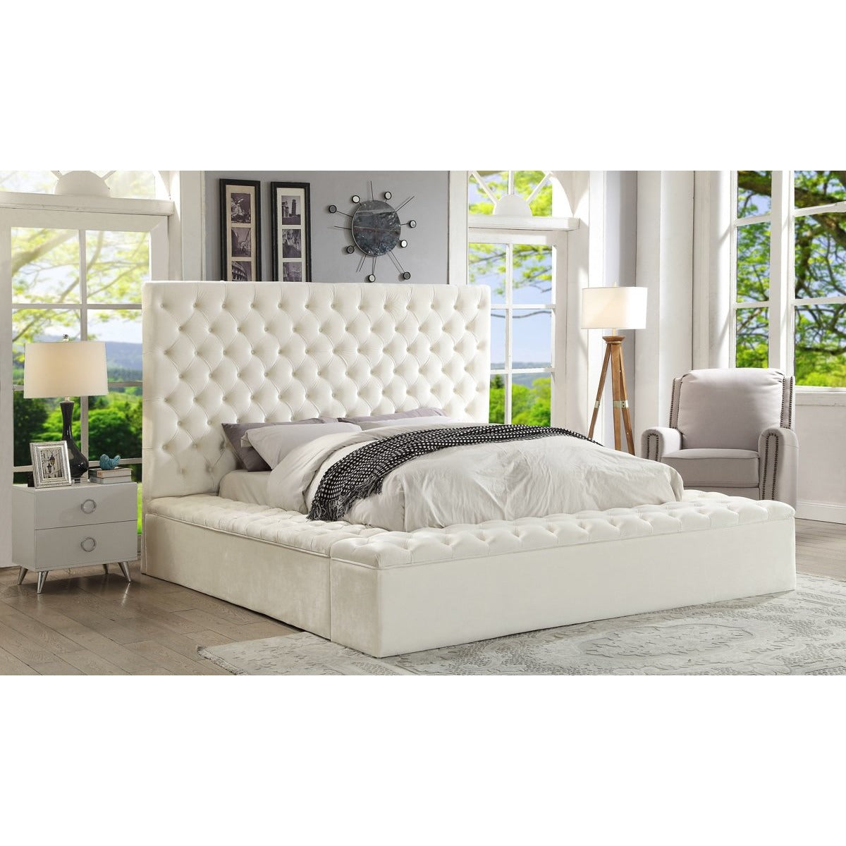 Meridian Furniture Bliss White Velvet King Bed (3 Boxes)-Minimal & Modern
