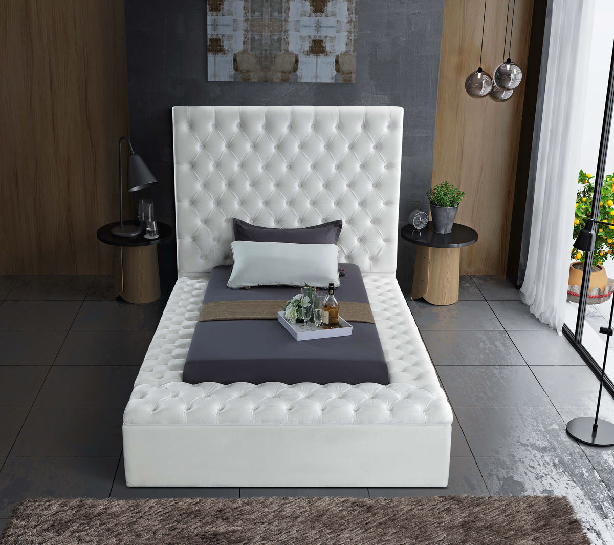 Meridian Furniture Bliss White Velvet Twin Bed (3 Boxes)
