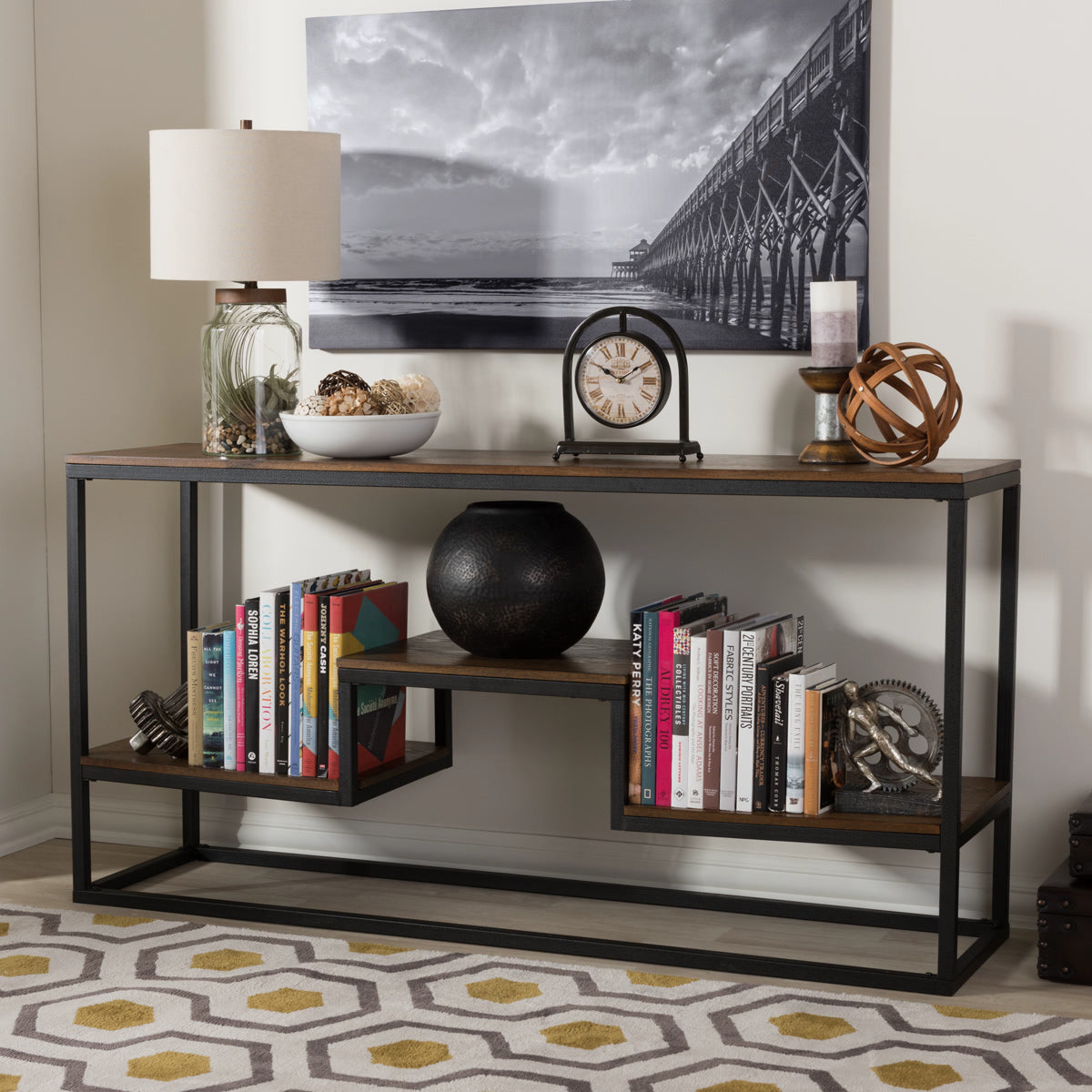 Baxton Studio Doreen Rustic Industrial Style Antique Black Textured Finished Metal Distressed Wood Console Table Baxton Studio-side tables-Minimal And Modern - 1