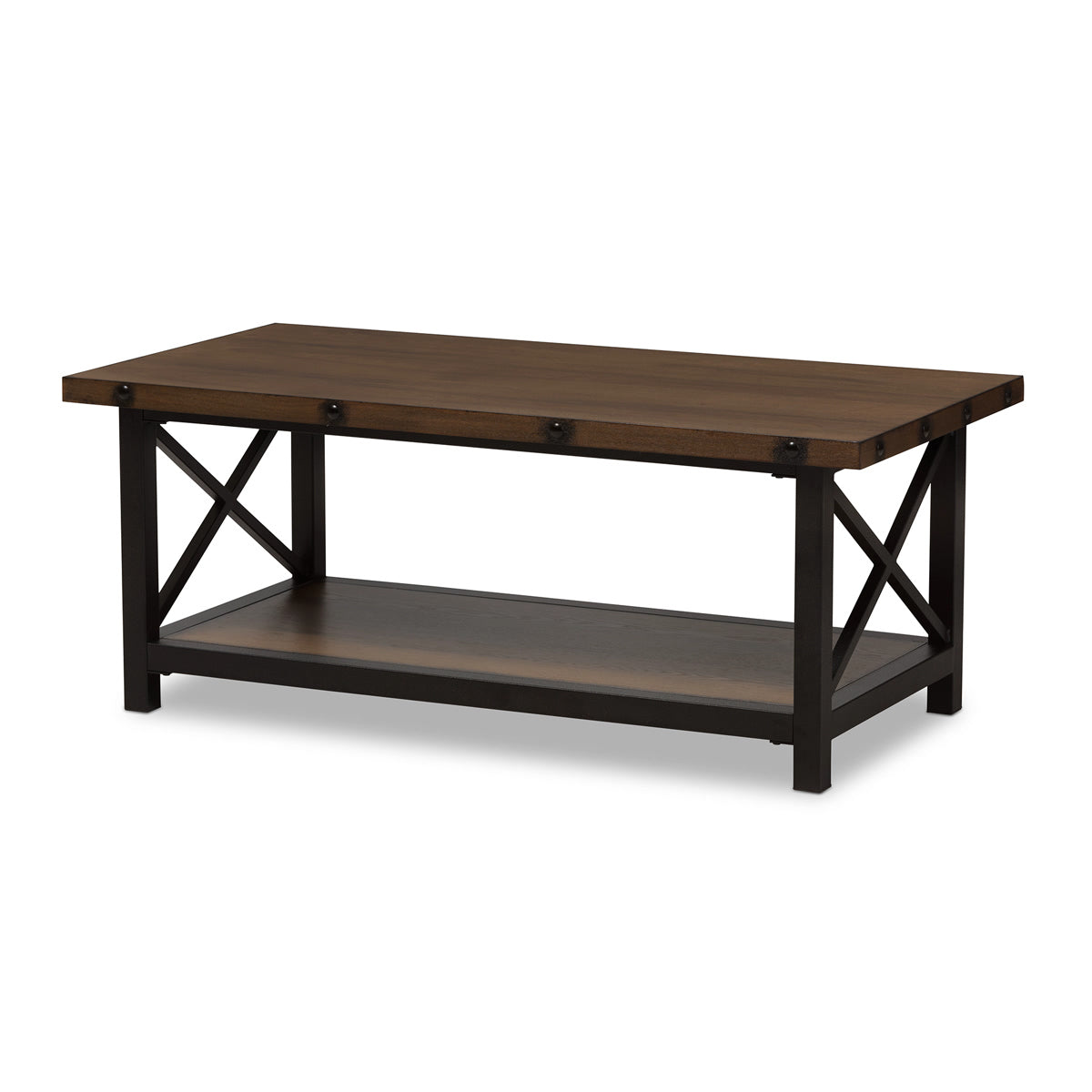 Baxton Studio Herzen Rustic Industrial Style Antique Black Textured Finished Metal Distressed Wood Occasional Cocktail Coffee Table Baxton Studio-coffee tables-Minimal And Modern - 2