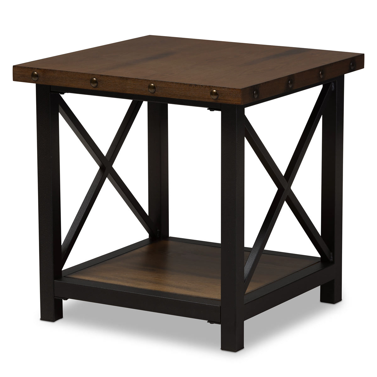 Baxton Studio Herzen Rustic Industrial Style Antique Black Textured Finished Metal Distressed Wood Occasional End Table Baxton Studio-coffee tables-Minimal And Modern - 2