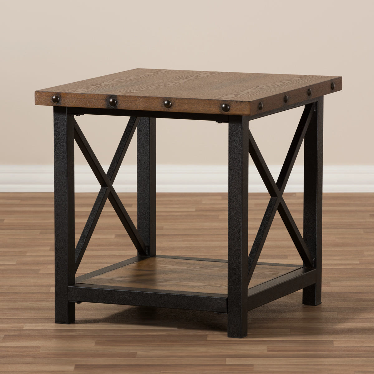 Baxton Studio Herzen Rustic Industrial Style Antique Black Textured Finished Metal Distressed Wood Occasional End Table Baxton Studio-coffee tables-Minimal And Modern - 6