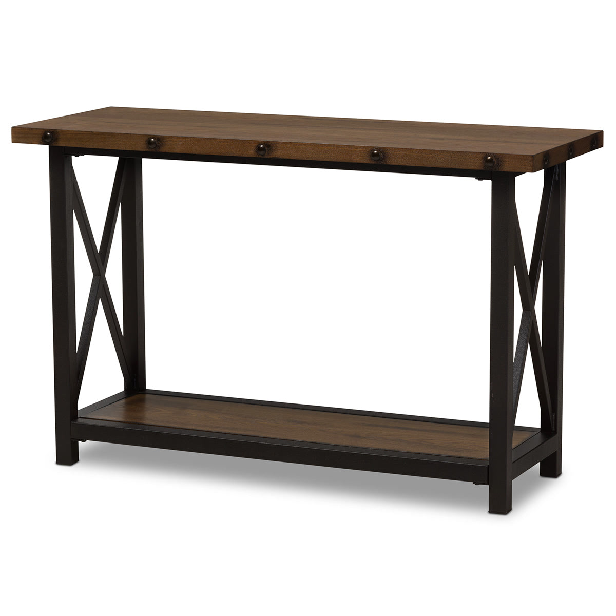 Baxton Studio Herzen Rustic Industrial Style Antique Black Textured Finished Metal Distressed Wood Occasional Console Table Baxton Studio-side tables-Minimal And Modern - 2