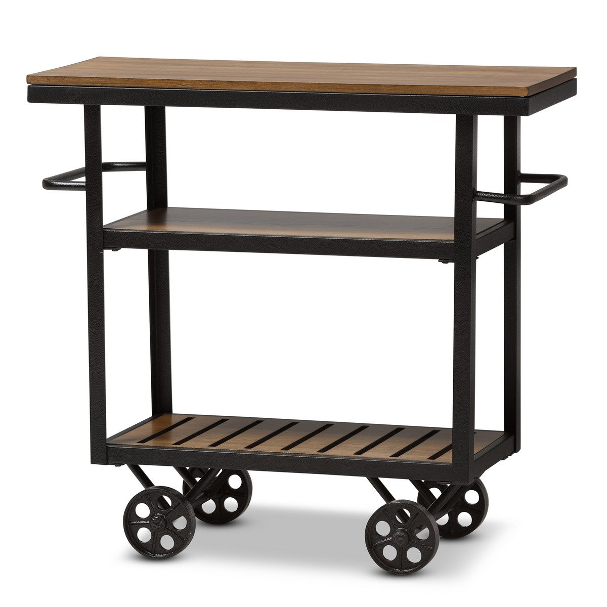 Baxton Studio Kennedy Rustic Industrial Style Antique Black Textured Finished Metal Distressed Wood Mobile Serving Cart Baxton Studio-Trolleys and Carts-Minimal And Modern - 1