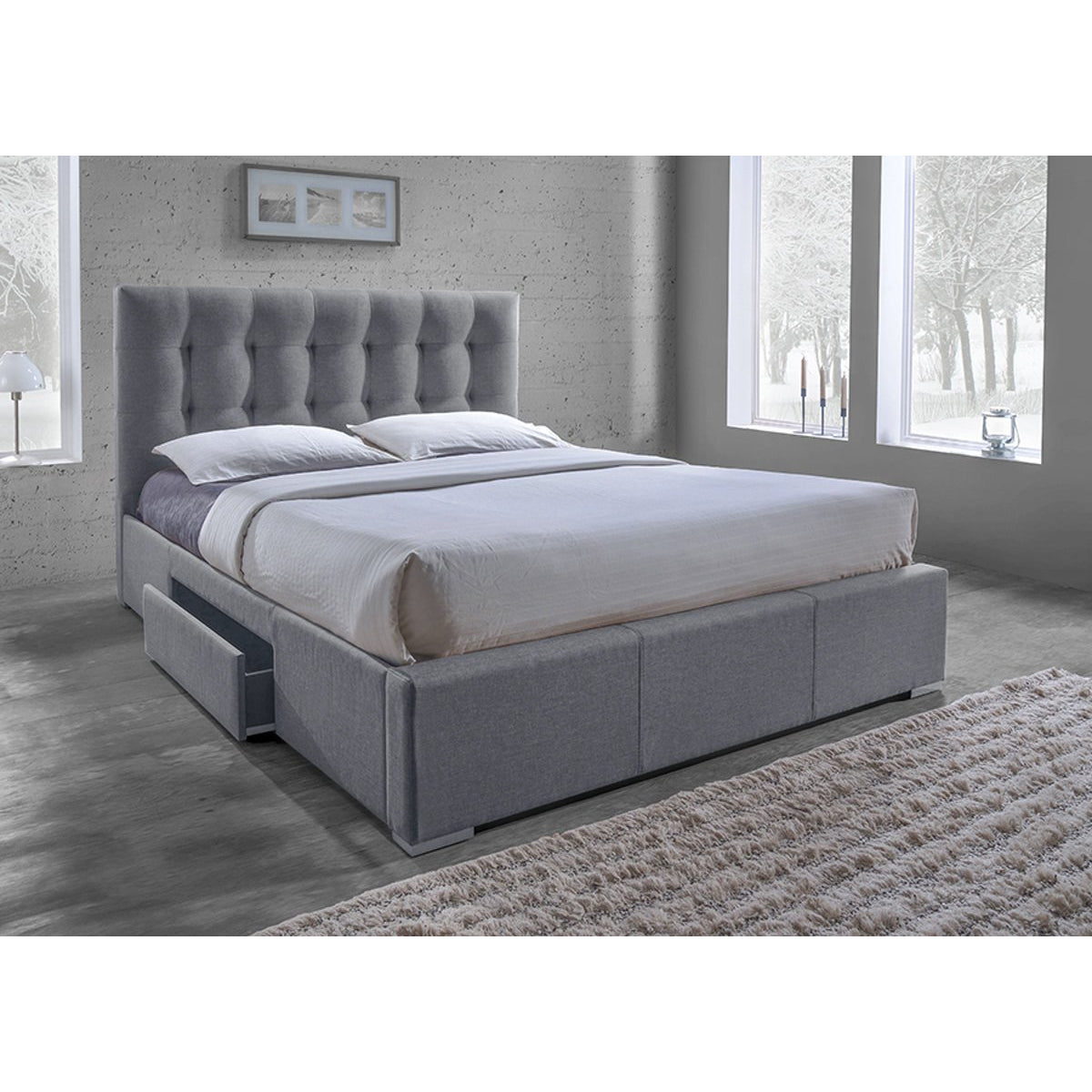 Baxton Studio Sarter Contemporary Grid-Tufted Grey Fabric Upholstered Storage King-Size Bed with 2-drawer Baxton Studio-beds-Minimal And Modern - 5