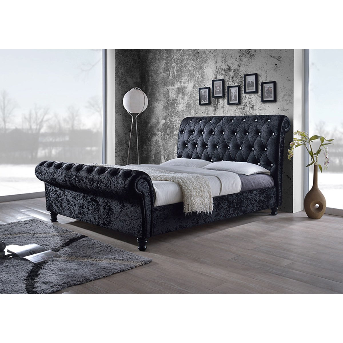 Baxton Studio Castello Black Velvet Upholstered Faux Crystal-Buttoned Sleigh King Platform Bed Baxton Studio-beds-Minimal And Modern - 4