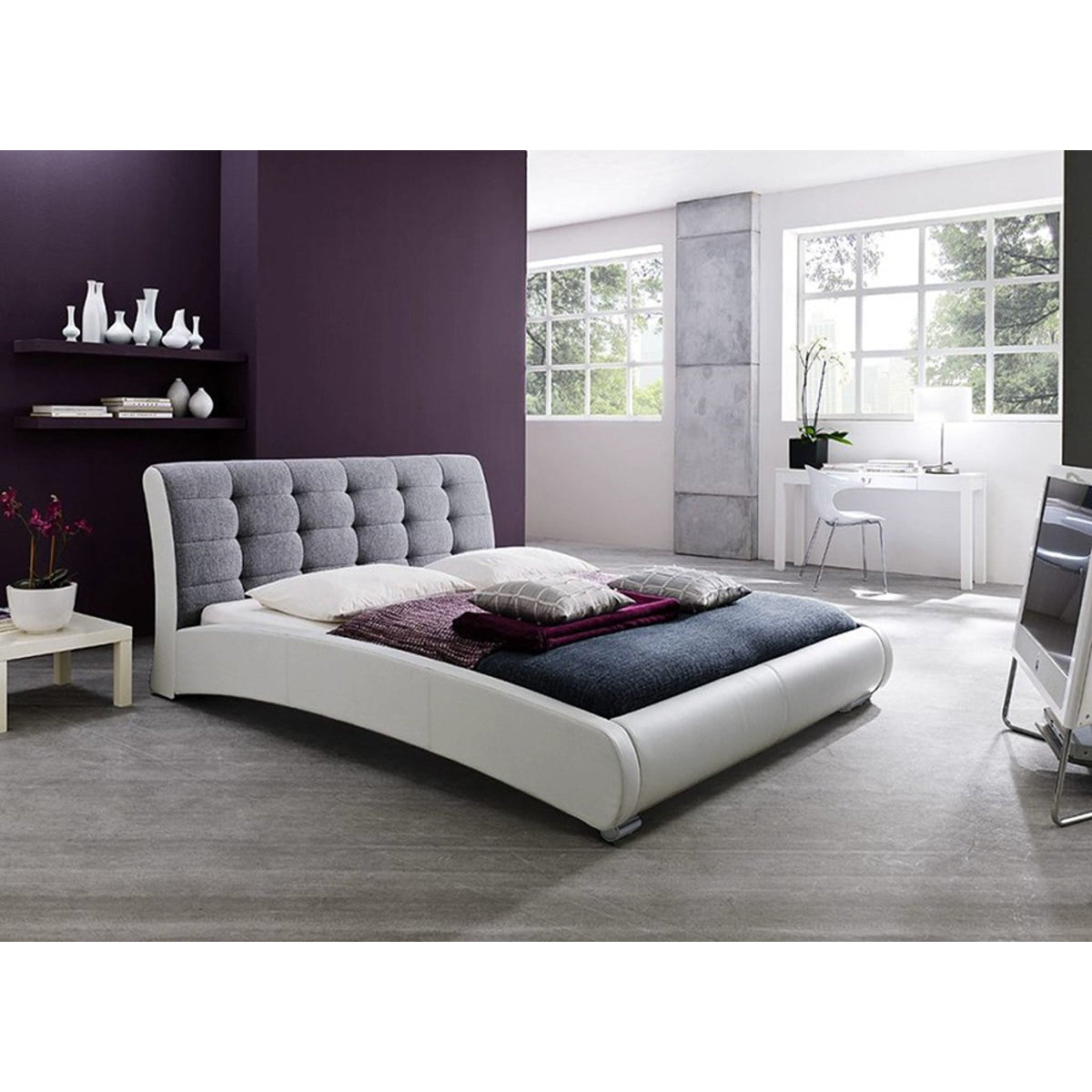 Baxton Studio Guerin Contemporary White Faux Leather Grey Fabric Two Tone Upholstered Grid Tufted King-Size Platform Bed Baxton Studio-King Headboard-Minimal And Modern - 4
