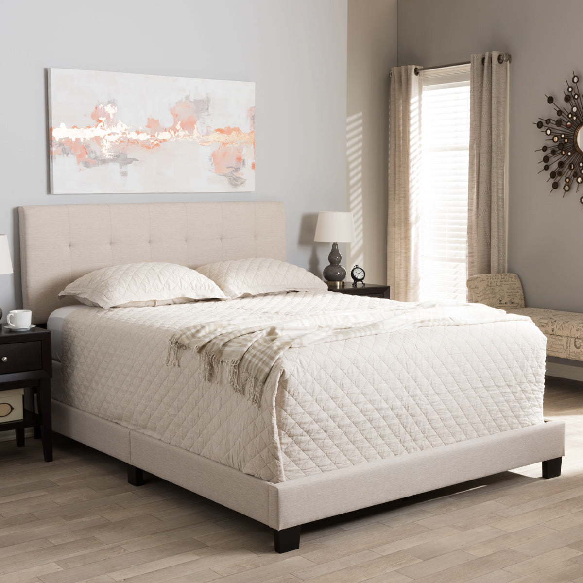 Baxton Studio Brookfield Modern and Contemporary Beige Fabric Upholstered Grid-tufting King Size Bed Baxton Studio-King Bed-Minimal And Modern - 1