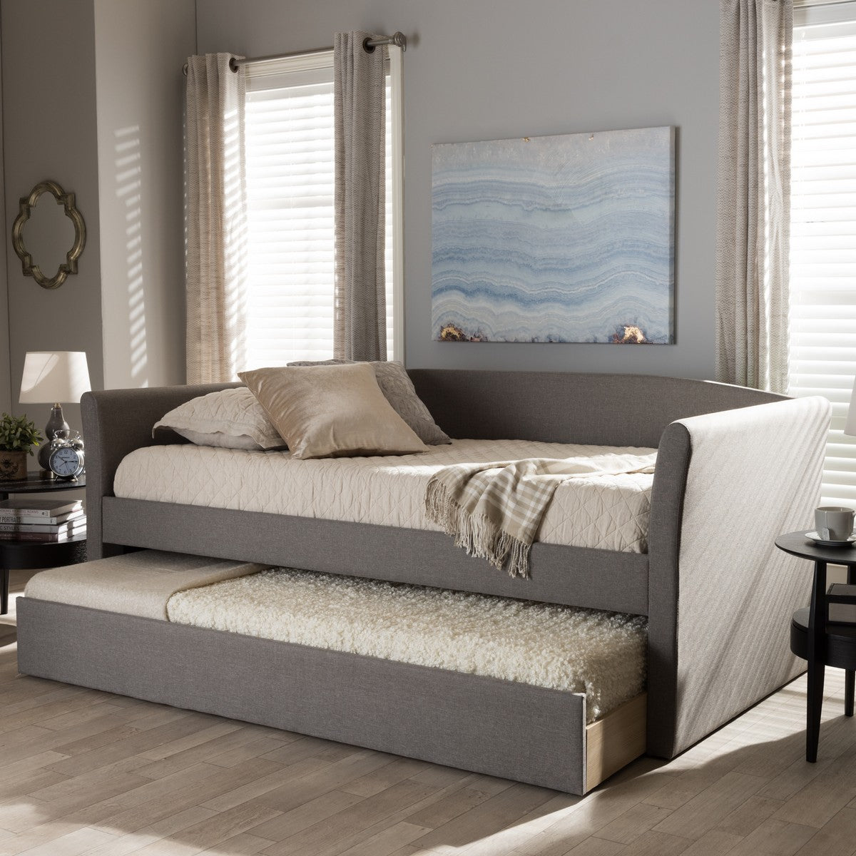 Baxton Studio Camino Modern and Contemporary Grey Fabric Upholstered Daybed with Guest Trundle Bed