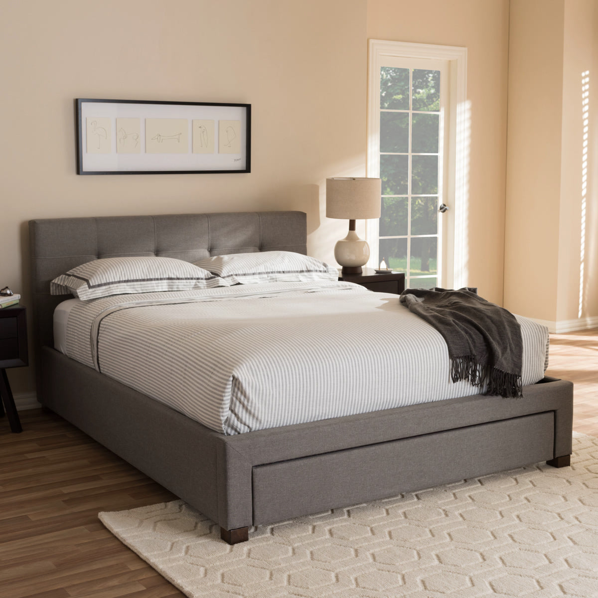Baxton Studio Brandy Modern and Contemporary Grey Fabric Upholstered King Size Platform Bed with Storage Drawer Baxton Studio-King Bed-Minimal And Modern - 1