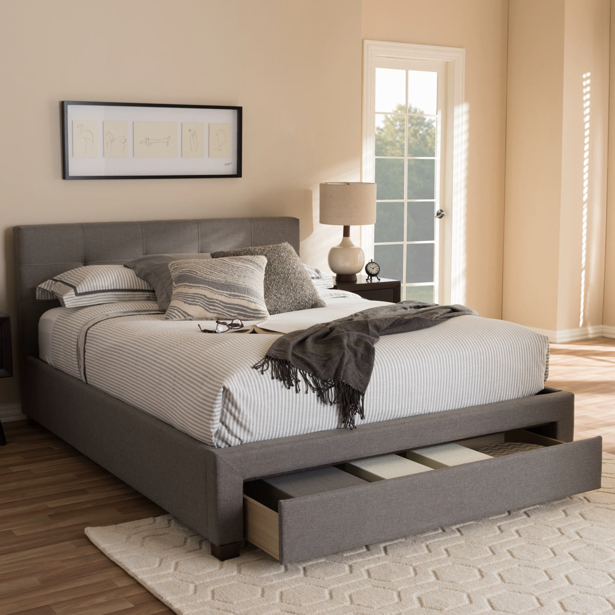 Baxton Studio Brandy Modern and Contemporary Grey Fabric Upholstered King Size Platform Bed with Storage Drawer Baxton Studio-King Bed-Minimal And Modern - 9