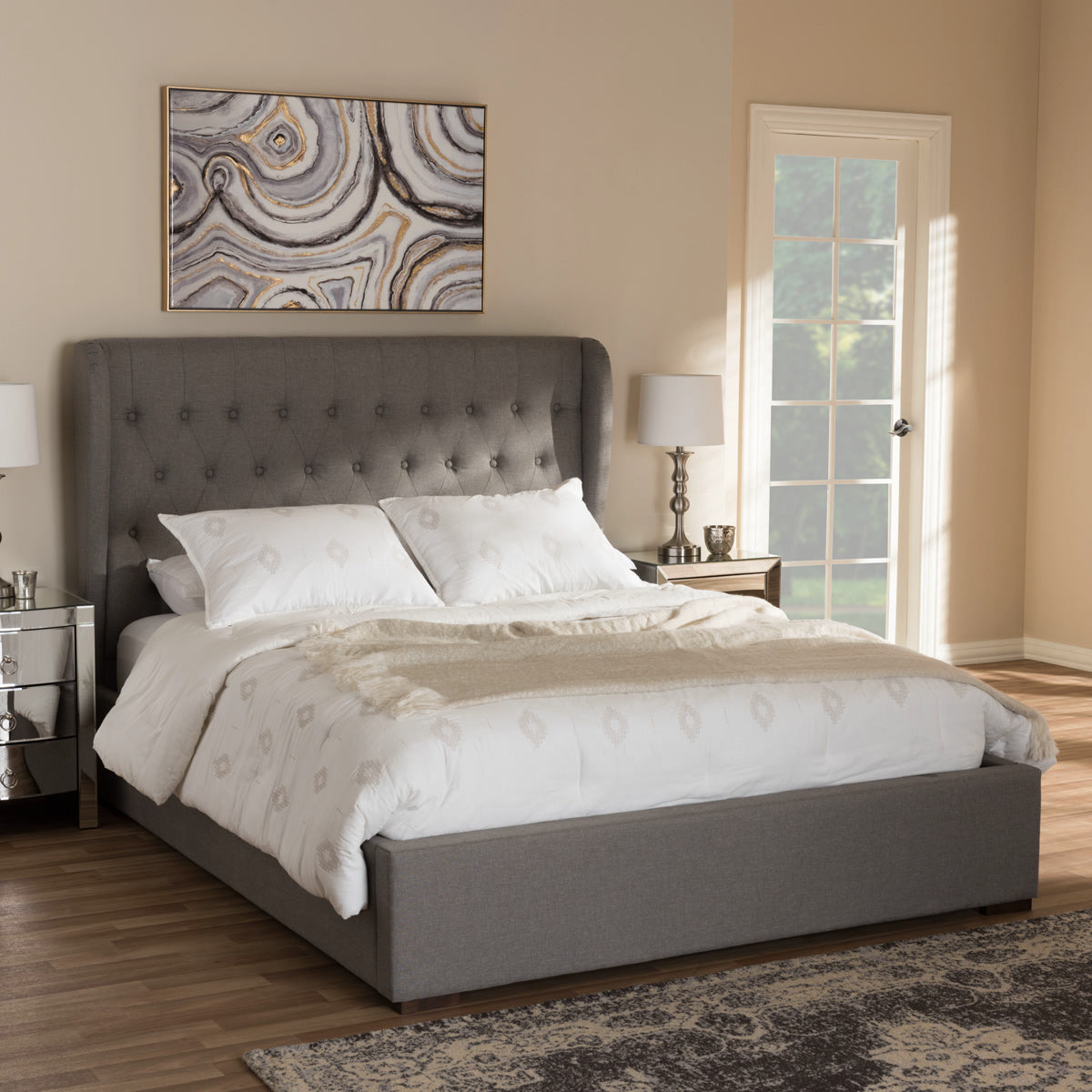 Baxton Studio Taylor Modern and Contemporary Light Grey Fabric Queen Size Gas-Lift Platform Bed  Baxton Studio-Queen Bed-Minimal And Modern - 1