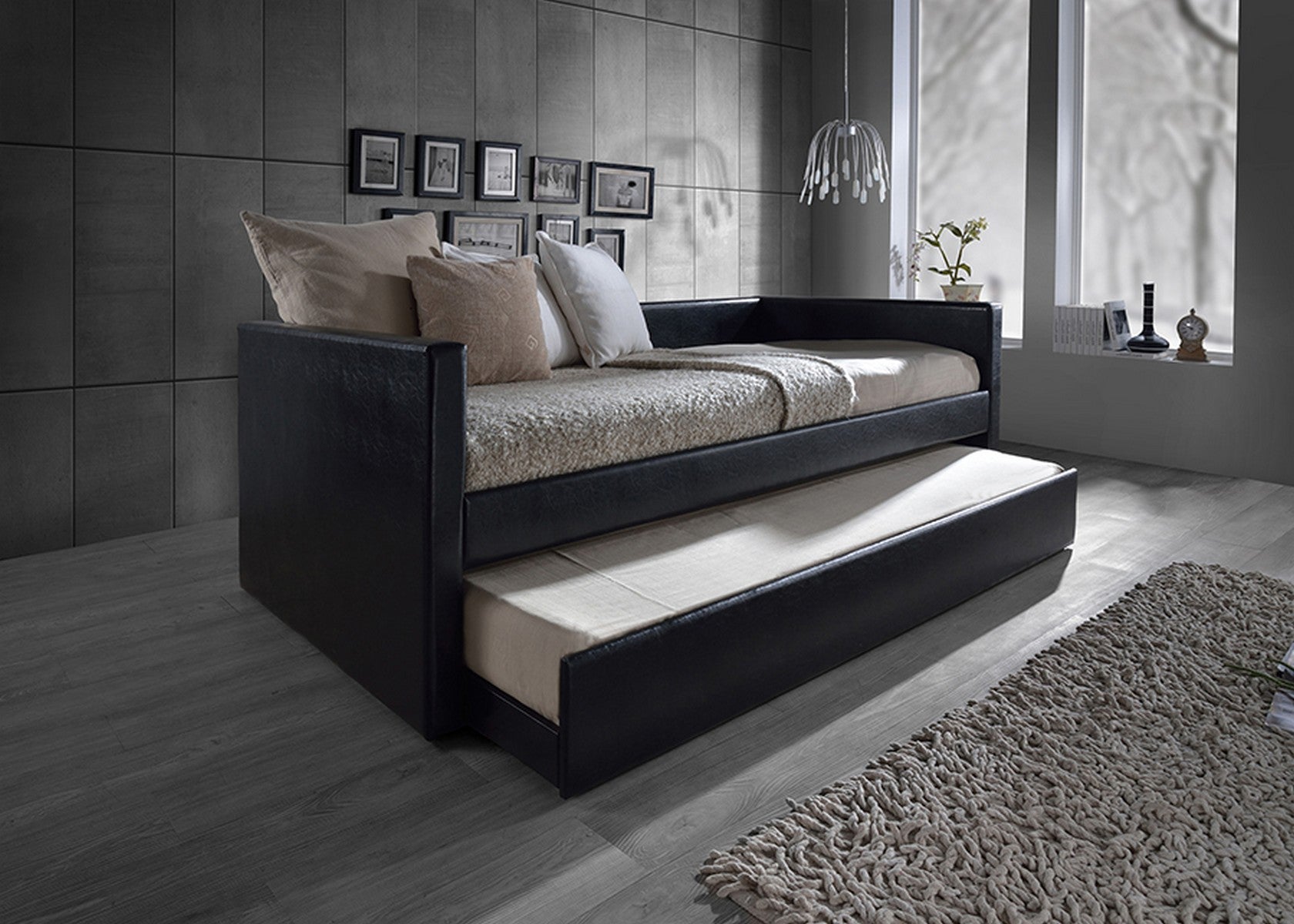 Baxton Studio Reeve Modern and Contemporary Black Faux Leather Upholstered Twin Size Daybed Bed Frame with Trundle