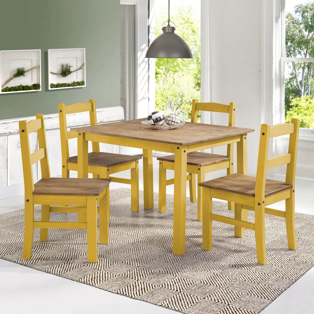 Manhattan Comfort York 5-Piece Solid Wood Dining Set with 1 Table and 4 Chairs in Yellow Wash-Minimal & Modern