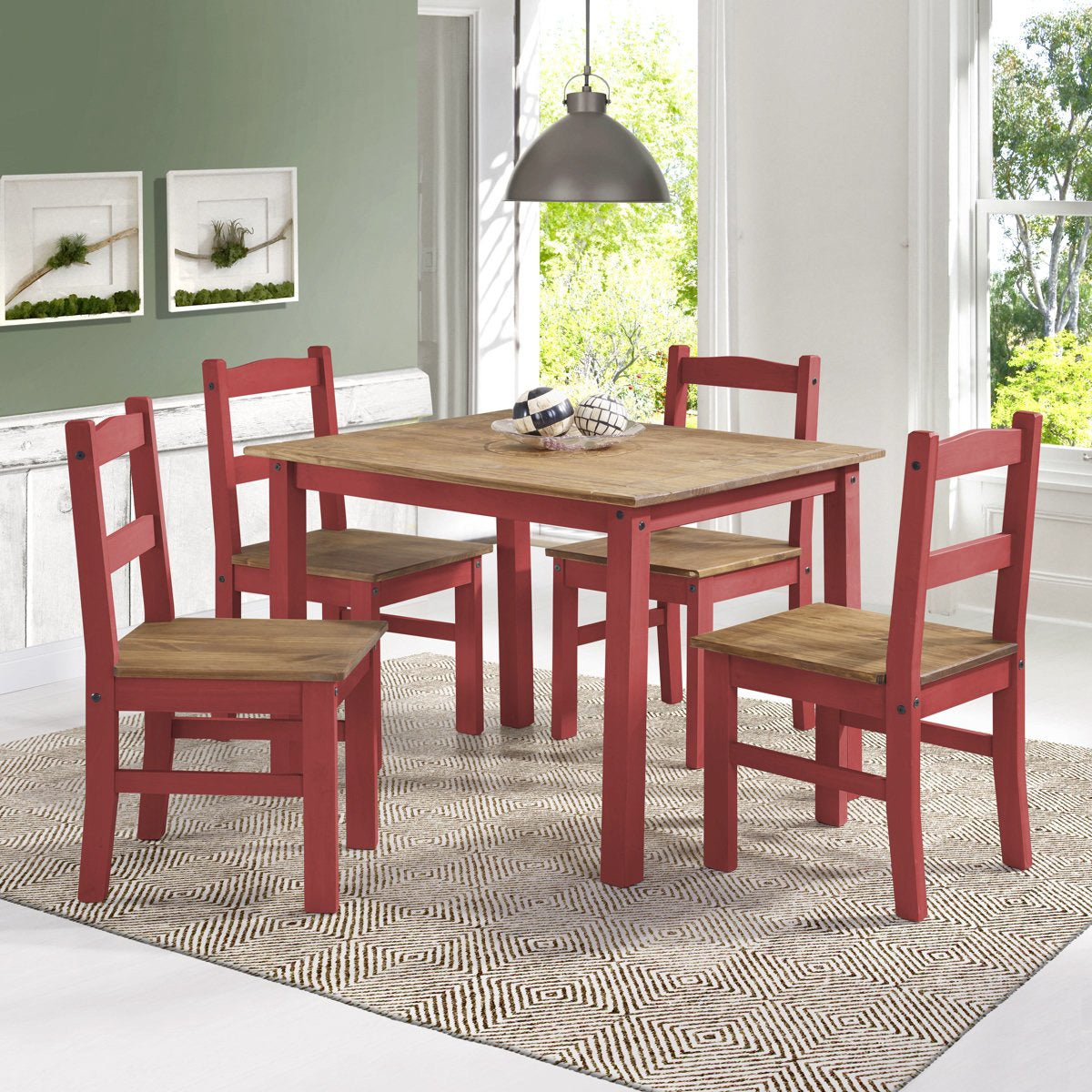Manhattan Comfort York 5-Piece Solid Wood Dining Set with 1 Table and 4 Chairs in Red Wash-Minimal & Modern