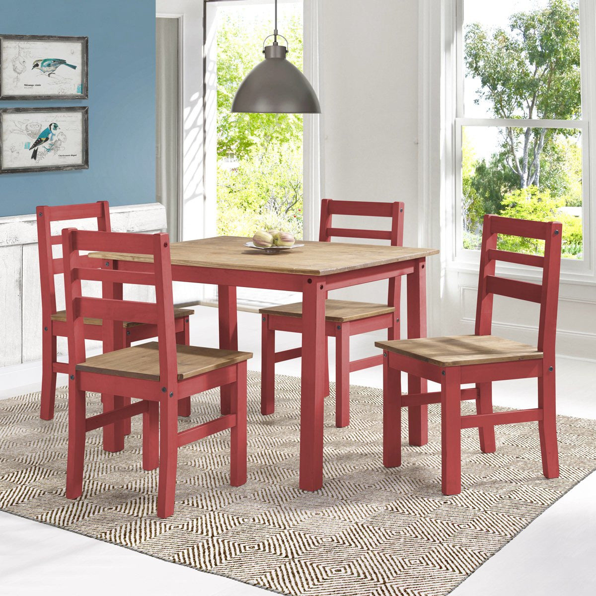 Manhattan Comfort Maiden 5-Piece Solid Wood Dining Set with 1 Table and 4 Chairs in Red Wash-Minimal & Modern