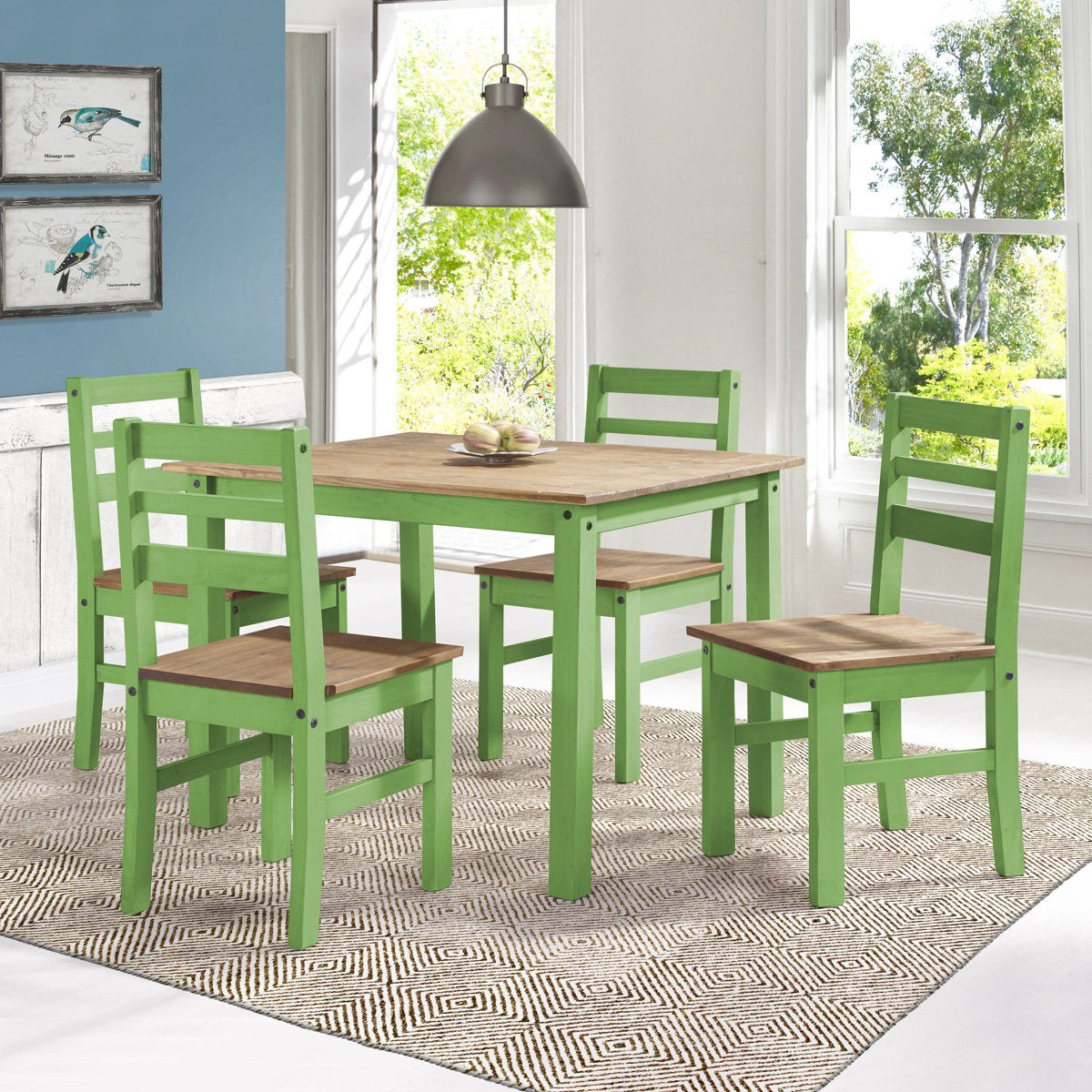 Manhattan Comfort Maiden 5-Piece Solid Wood Dining Set with 1 Table and 4 Chairs in Green Wash-Minimal & Modern