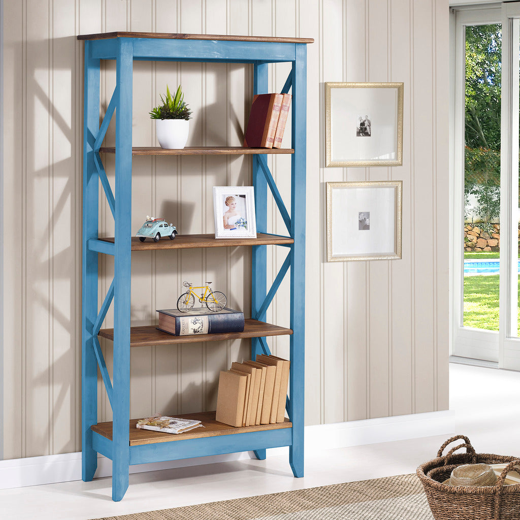 Manhattan Comfort Jay 31.5" Solid Wood Bookcase with 4 Shelves in Blue Wash