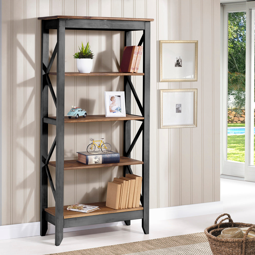 Manhattan Comfort Jay 31.5" Solid Wood Bookcase with 4 Shelves in Black Wash