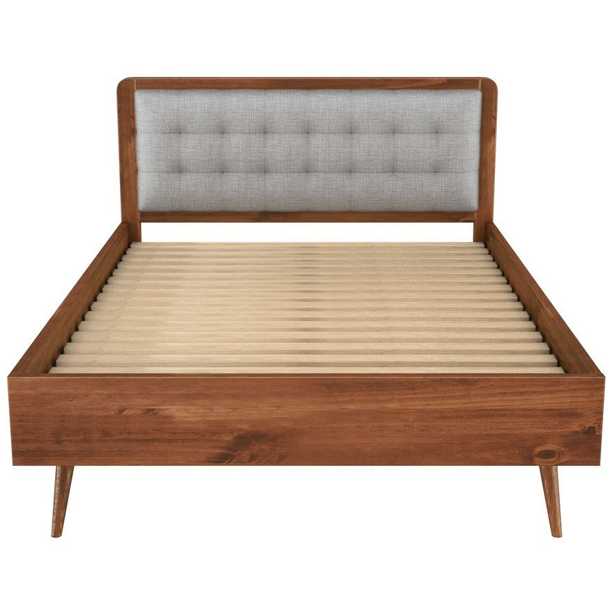 Manhattan Comfort Rustic -Modern 62" Tufted Bedford 2.0 Queen-size Bed Frame with Headboard in Solid Pine Wood in Varnish and Grey