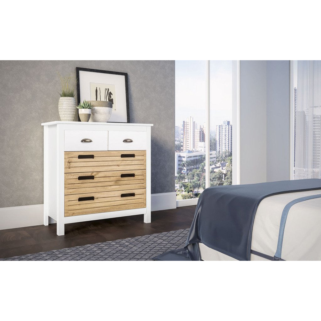 Manhattan Comfort Mid-Century Modern-Rustic 5-Drawer Irving 31.1"  Wide Dresser 2.0 in White and Natural Wood