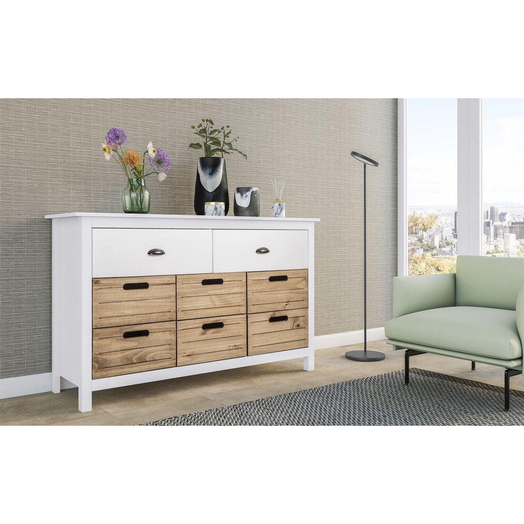 Manhattan Comfort Mid-Century Modern-Rustic 8-Drawer Irving 51.18" Wide Dresser 3.0 in White and Natural Wood